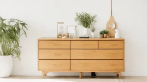 A wooden dresser featuring multiple drawers, topped with a small green plant for a touch of nature.